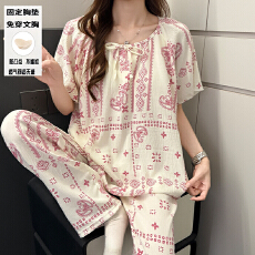 批发夏季<b class='q'>女士</b>款圆领短长睡衣云朵棉波西米亚度假风带固定胸垫款家居服