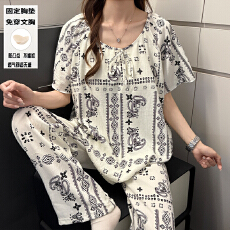 批发夏季<b class='q'>女士</b>款圆领短长睡衣云朵棉波西米亚度假风带固定胸垫款家居服