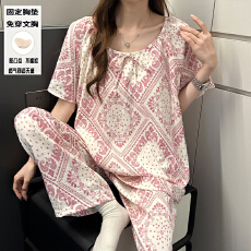 批发夏季<b class='q'>女士</b>款圆领短长睡衣云朵棉波西米亚度假风带固定胸垫款家居服