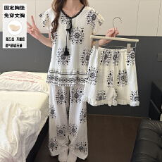 批发夏季<b class='q'>休闲</b>女款小飞袖家居服三件套云朵棉波西米亚度假风带胸垫睡衣
