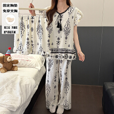 批发夏季<b class='q'>休闲</b>女款小飞袖家居服三件套云朵棉波西米亚度假风带胸垫睡衣
