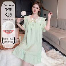批发夏季新款女士短袖睡裙花边方领云朵棉<b class='q'>甜美</b>清新公主风带固定胸垫款