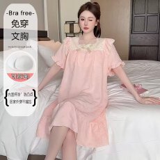 批发夏季新款女士短袖睡裙花边方领云朵棉<b class='q'>甜美</b>清新公主风带固定胸垫款