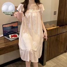 批发夏季新款女士短袖睡裙花边一字领云朵棉<b class='q'>甜美</b>清新公主风带固定胸垫
