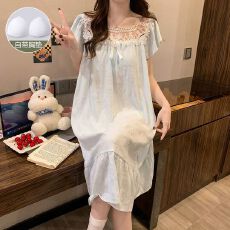 批发夏季新款女士短袖睡裙花边一字领云朵棉<b class='q'>甜美</b>清新公主风带固定胸垫