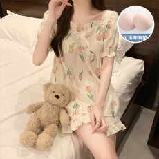 批发夏季女士短袖短裤套装<b class='q'>睡衣</b>云朵棉舒适透气带胸垫款复古简约家居服