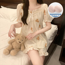 批发夏季女士短袖短裤套装<b class='q'>睡衣</b>云朵棉舒适透气带胸垫款复古简约家居服
