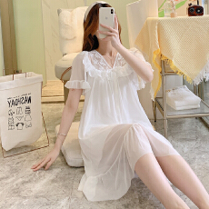批发夏季款女士宫廷风网纱花纹纯色睡裙内层牛奶丝款轻易透气家居服
