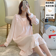 批发秋季女款长袖睡裙圆领花边袖简约纯色公主风云朵棉带胸垫家居服