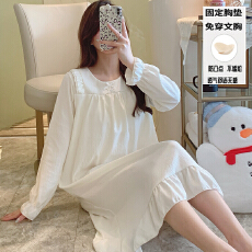 批发秋季女款长袖睡裙圆领花边袖简约纯色公主风云朵棉带胸垫家居服