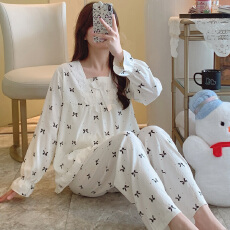 秋季家居服女士双长花边袖子方格领甜美清新公主风云朵棉舒适睡衣