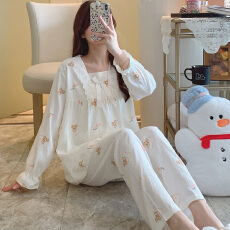 秋季家居服女士双长花边袖子方格领甜美清新公主风云朵棉舒适睡衣