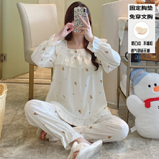 批发秋季女款家居服双长花边一字领甜美公主风云朵棉舒适<b class='q'>睡衣</b>带胸垫