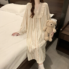 批发秋季款家居服女士长袖连体衣<b class='q'>睡裙</b>蕾丝花边V领云朵棉甜美<b class='q'>公主</b>风