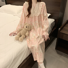 批发秋季款家居服女士长袖连体衣<b class='q'>睡裙</b>蕾丝花边V领云朵棉甜美<b class='q'>公主</b>风