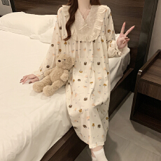 批发秋季款家居服女士长袖连体衣<b class='q'>睡裙</b>蕾丝花边V领云朵棉甜美<b class='q'>公主</b>风