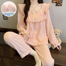 批发秋季新款家居服女士双长套头式花边一字领公主风云朵棉带胸垫睡衣
