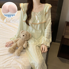 批发秋季新款家居服女士双长套头式花边一字领公主风云朵棉带胸垫睡衣