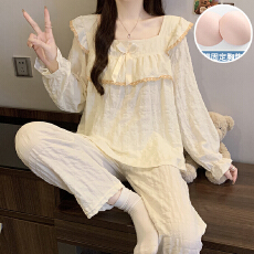 批发秋季新款家居服女士双长套头式花边一字领公主风云朵棉带胸垫睡衣
