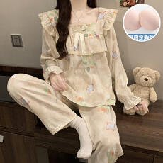 批发秋季新款家居服女士双长套头式花边一字领公主风云朵棉带胸垫睡衣
