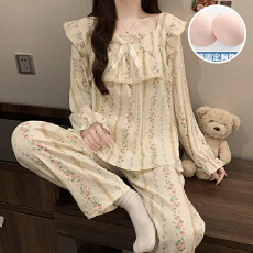 批发秋季新款家居服女士双长套头式花边一字领公主风云朵棉带胸垫睡衣