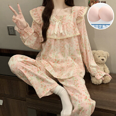 批发秋季新款家居服女士双长套头式花边一字领公主风云朵棉带胸垫睡衣