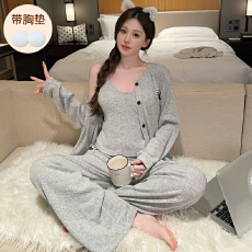 批发秋季款家居服女士吊带长裤外搭<b class='q'>三件套</b><b class='q'>睡衣</b>运动风彩棉羊绒带胸垫款
