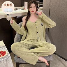 批发秋季款家居服女士吊带长裤外搭<b class='q'>三件套</b><b class='q'>睡衣</b>运动风彩棉羊绒带胸垫款