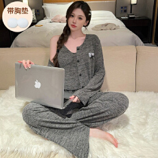 批发秋季款家居服女士吊带长裤外搭<b class='q'>三件套</b><b class='q'>睡衣</b>运动风彩棉羊绒带胸垫款