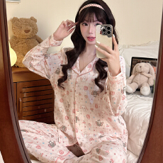 批发秋季直播爆款女士双长翻领创意休闲卡通印花睡衣云朵棉舒适家居服