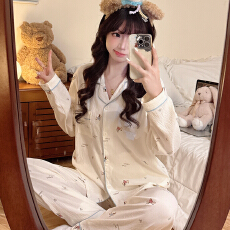 批发秋季直播爆款女士双长翻领创意休闲卡通印花睡衣云朵棉舒适家居服