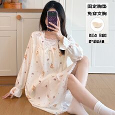 批发秋季新款女士长袖花边方领<b class='q'>睡裙</b>甜美<b class='q'>公主</b>风云朵棉柔软感带固定胸垫