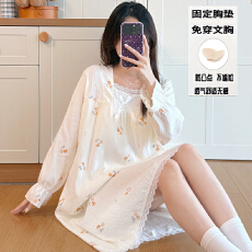 批发秋季新款女士长袖花边方领<b class='q'>睡裙</b>甜美<b class='q'>公主</b>风云朵棉柔软感带固定胸垫
