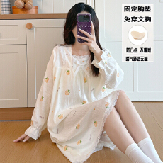 批发秋季新款女士长袖花边方领<b class='q'>睡裙</b>甜美<b class='q'>公主</b>风云朵棉柔软感带固定胸垫