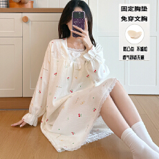 批发秋季新款女士长袖花边方领<b class='q'>睡裙</b>甜美<b class='q'>公主</b>风云朵棉柔软感带固定胸垫