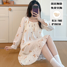 批发秋季新款女长袖花边一字领<b class='q'>睡裙</b>甜美<b class='q'>公主</b>风云朵棉舒适感带固定胸垫