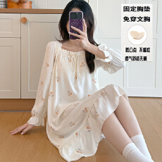 批发秋季新款女长袖花边一字领<b class='q'>睡裙</b>甜美<b class='q'>公主</b>风云朵棉舒适感带固定胸垫
