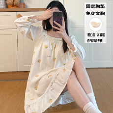 批发秋季新款女长袖花边一字领<b class='q'>睡裙</b>甜美<b class='q'>公主</b>风云朵棉舒适感带固定胸垫