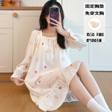 批发秋季新款女长袖花边一字领<b class='q'>睡裙</b>甜美<b class='q'>公主</b>风云朵棉舒适感带固定胸垫