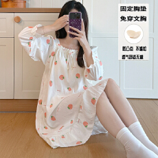 批发秋季新款女长袖花边一字领<b class='q'>睡裙</b>甜美<b class='q'>公主</b>风云朵棉舒适感带固定胸垫