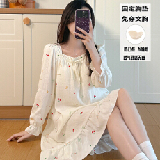 批发秋季新款女长袖花边一字领<b class='q'>睡裙</b>甜美<b class='q'>公主</b>风云朵棉舒适感带固定胸垫