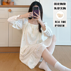 批发秋季新款女长袖花边一字领<b class='q'>睡裙</b>甜美<b class='q'>公主</b>风云朵棉舒适感带固定胸垫
