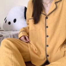 批发秋季新款少女双长开衫翻领贝壳纹套装睡衣云朵棉简约舒适感家居服