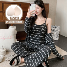 批发冬季甜美少女风吊带开衫长袖阔腿裤三件套睡衣羊绒家居服固定胸垫