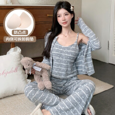 批发冬季甜美少女风吊带开衫长袖阔腿裤三件套睡衣羊绒家居服固定胸垫