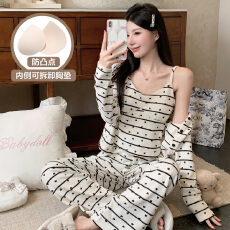 批发冬季甜美少女风吊带开衫长袖阔腿裤三件套睡衣羊绒家居服固定胸垫