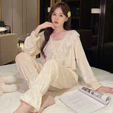 批发冬季女士款双长花边V领睡衣甜美清新宫廷风金丝绒舒适保暖家居服