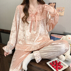 批发冬季女士双长花边V领睡衣甜美清新宫廷风金丝绒舒适柔软家居服