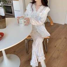 批发冬季女双长开衫睡衣花边V领甜美清新宫廷风金丝绒柔顺舒适家居服