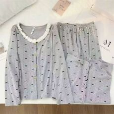 批发冬季女士家居服双长开衫花边圆领卡通<b class='q'>印花</b>睡衣保暖舒适德绒款
